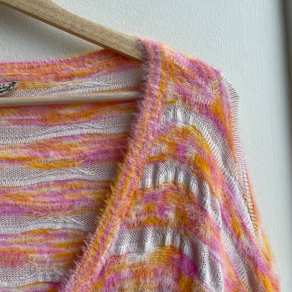 Free People Oversized Striped Sweater Pink Orange Fuzzy Knit V-Neck Pullover M - Picture 10 of 12
